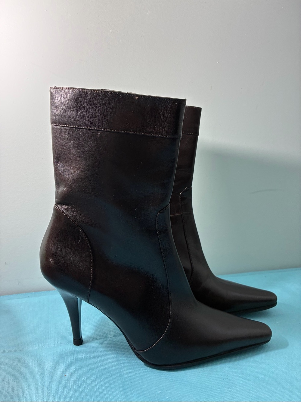 Laura Ferri Italy Brown Pointed-Toe Leather Stiletto Boots Sz 38.5
